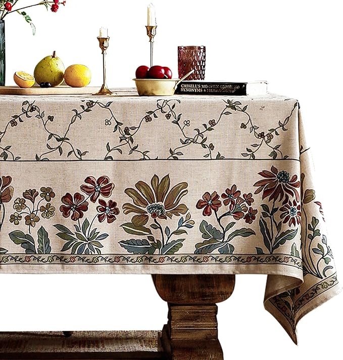 patdrea Designer Linen French Tablecloth for Rectangle Table,Fall Country Breathable Floral Tablecloths,Table Cover for Kitchen Dining,Tea Party,Christmas,Thanksgiving,55"x87"-Oliveirad
