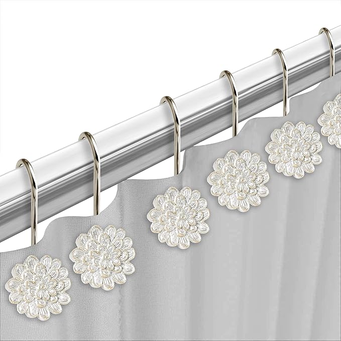 Zahari Home 13pc Rose Vine Bathroom Sheer Shower Curtain Sets Sheer Shower Curtain & 12 Shower Bathroom Hooks Modern Classic Luxury Contemporary Decor Beige Shower Curtain Set
