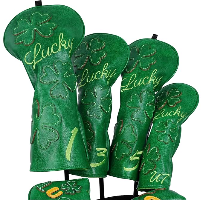 Golf Headcovers Golf Club Head Covers Four Leaf Clover Good Luck Charm - Clover Style Premium Leather Driver Fairway(FW) Wood Hybrid(UT) with Number Tags
