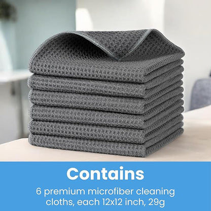 Waffle Weave Microfiber Cloths - 12 x 12 inches - Lint Free Cloth, Streak-Free Absorbent Microfiber Glasses Cleaning Cloth, Screens, Dusting & Appliances - 6 Pack Premium Cloth Wipes