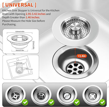 3-in-1 Kitchen Sink Drain Strainer with Bounce Core - Universal Stainless Steel Drain Stopper，Easy to Install & Clean, Upgraded Design
