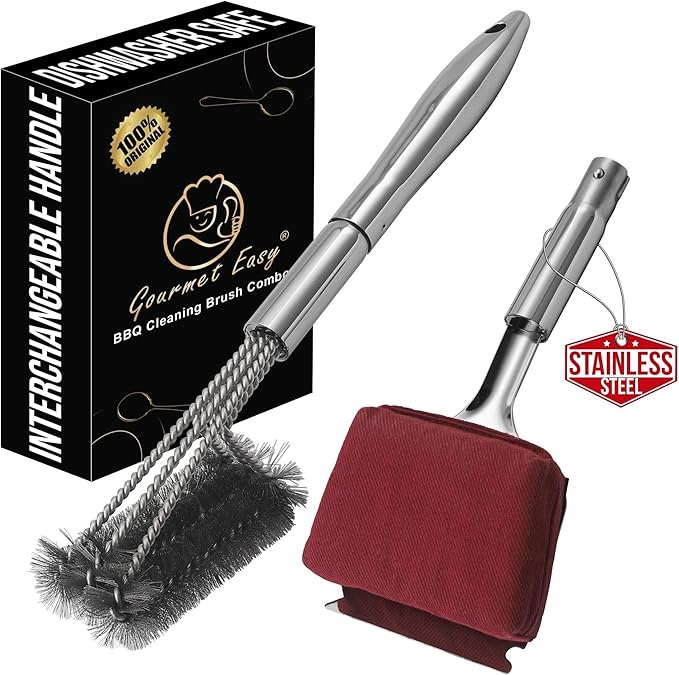 2-in-1 Stainless Steel Grill Brush Cleaning Kit, Grilling Accessories, Interchangeable BBQ Brush & Griddle Scraper with Fire-Resistant Cleaning Sponge, Dishwasher Safe Grill Cleaner, BBQ Accessories