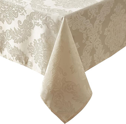 Newbridge Barcelona Luxury Damask Fabric Tablecloth, 60” Wide x 102” Rectangle, Golden Beige, 100% Polyester, No Iron, Soil Resistant Dining Room, Party and Banquet Table Cover