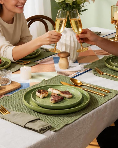 Dinnerware Sets for 6, Ceramic Plates & Bowls, Olive Green | 18-Piece Ceramic