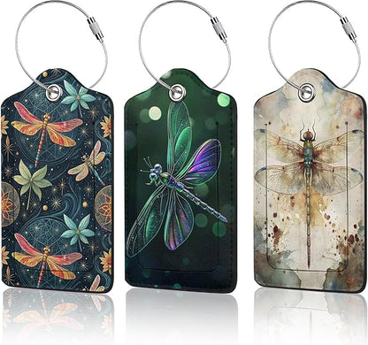 3 PCS Dragonfly Luggage Tags,Fantasy Dragonfly Suitcase Tags Privacy Cover ID Label with Stainless Steel Loop and Address Card for Travel Bag Suitcase