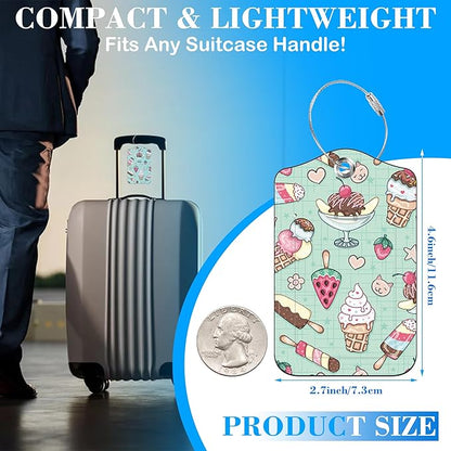 Cute Ice Cream Doole Luggage Tags for Suitcases Leather Travel Tags for Luggage ID Label with Privacy Cover and Stainless Steel Loop for Men Women Suitcase Backpack, Set of 2