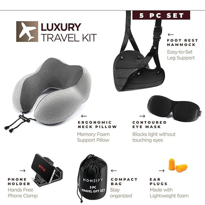 Airplane Neck Pillow Includes Travel Pillow + Airplane Phone Holder Mount + Eye Masks + Foot Hammock + Earplugs for Travel, 100% Pure Memory Foam Travel Pillow, 6 Pc Travel Kit