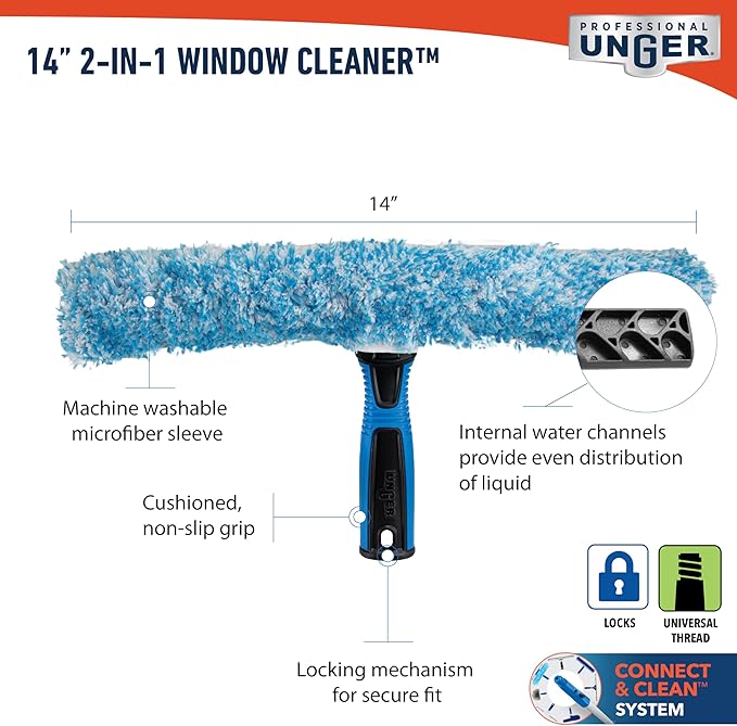 Unger Professional Connect and Clean 2-in-1 Squeegee and Scrubber, 14” Window Cleaning Tool, Essential Glass Cleaner for Commercial and Residential Use, Reusable Microfiber Sleeve, Streak-Free Results