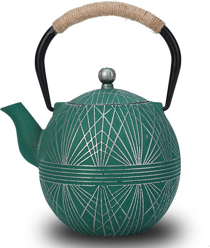 Enameled Cast Iron Teapot 34oz（1000ml） - Japanese Style Kettle with Removable Stainless Infuser & Ergonomic Handle, Stovetop Safe for Loose Leaf Tea Green and silver (Green and silver)