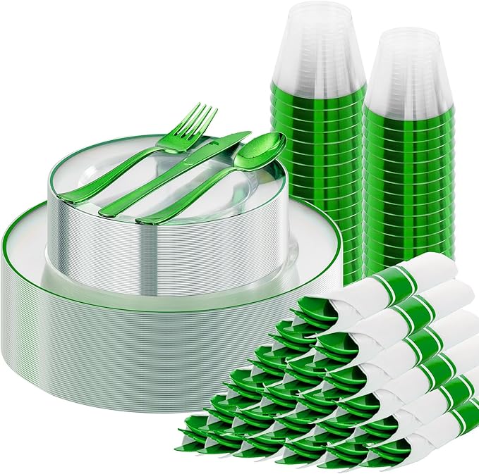 SUT 175 Pcs Green and Clear Plastic Dinnerware Set