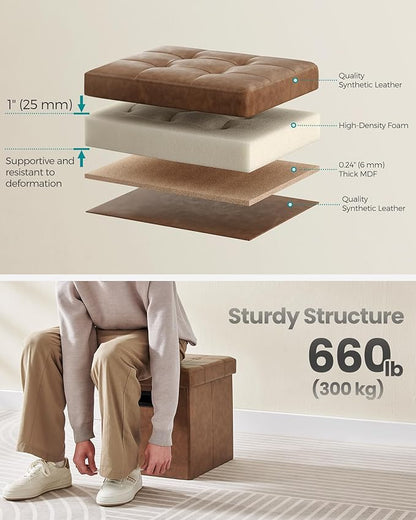 SONGMICS Mazie Collection - 15 Inches Ottoman with Storage, Footstool, Storage Ottoman with Metal Handles, Load 660 lb, for Dorm, Living Room, Bedroom, Synthetic Leather, Coffee Brown ULSF030K01
