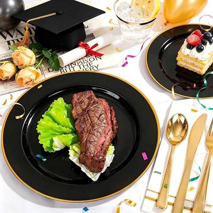 SUT 175 Piece Black and Glod Plastic Dinnerware Set