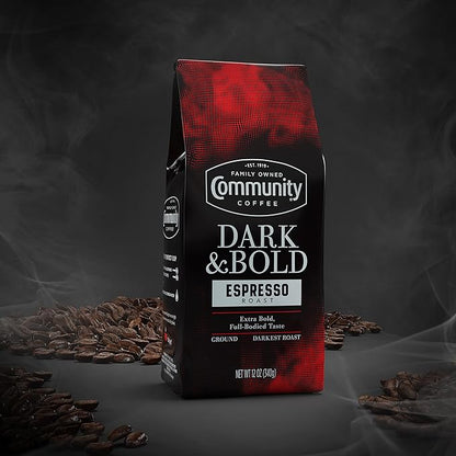 Community Coffee Dark & Bold Espresso Roast, Extra Dark Roast Ground Coffee, 12 Ounce Bag (Pack of 1)