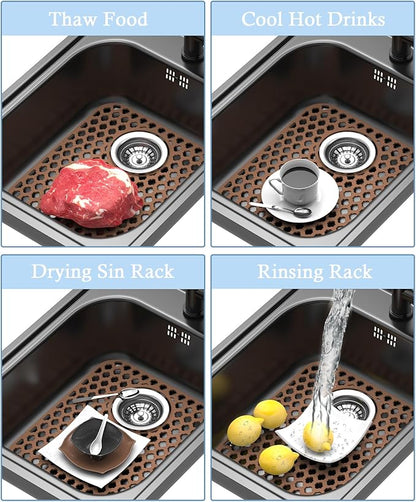 2 Pack Silicone Sink Protector for Kitchen Sink Bathroom, 13.58" x 11.6" Heat-resistant Sink Mat Non-Slip and Durable Silicone Protectors, Rear Drain, Coffee