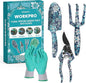 WORKPRO Aluminum Garden Tool Set, 4PCS Heavy Duty Hand Garden Tools with Box Include Trowel, Rake, Pruner, Garden Gloves, Blue Floral, Garden Gifts