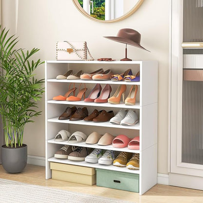 SIMOE 3-in-1 Adjustable Vertical Shoe Rack, 6-Tier Stackable Wooden Corner Storage Shelf for 18 Pairs, Space-Saving Organizer for Front Door Entryway, White