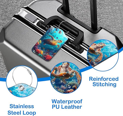 Sea Turtle Luggage Tags for Suitcases Leather Travel Tags for Luggage ID Label with Privacy Cover and Stainless Steel Loop for Men Women Suitcase Backpack, Set of 2