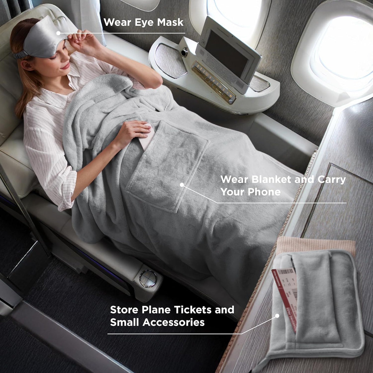 Bedsure Travel Blanket Airplane Compact with Storage Bag, Packable Blanket with Eye Mask, Lightweight 2-in-1 Travel Essentials, Functioned as Pillow for Airplane Comfort and Warmth, Grey