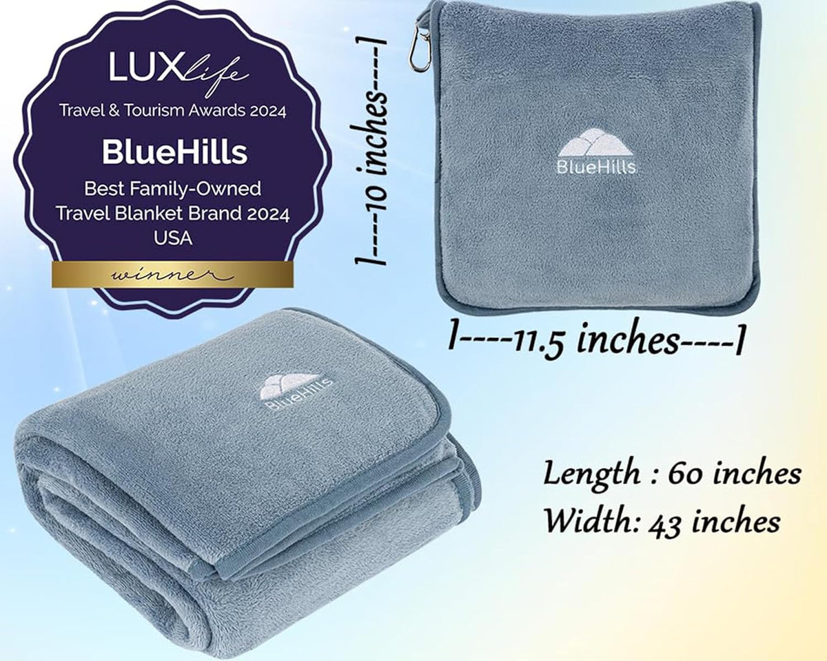 BlueHills Premium Soft Plush Travel Blanket Pillow for Airplane Traveling Essentials in a Bag Flight Throw with Hand Luggage Belt Backpack Clip Compact Portable Plane Accessories Grayish Blue - T026