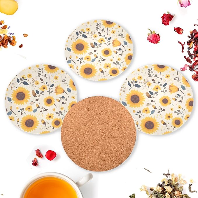 Sunflower Cow Leather Skin Brown Pattern Round Coasters