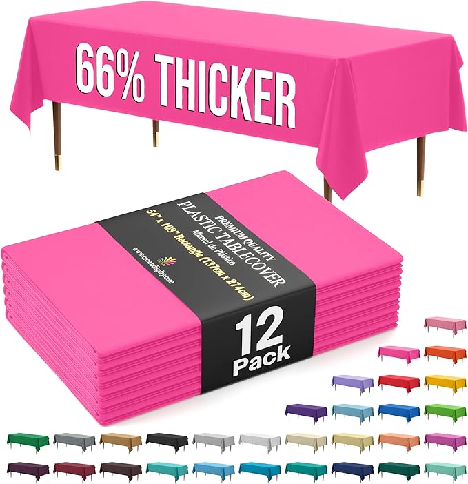 Exquisite 66% Thicker Premium Plastic Table Cloth Rectangle Table Cover 0.5 Mil 12 Pack Cerise Table Cloth 54 Inch x 108 Inch Disposable Tablecloth Won't Tear Easily Like Cheap Thin Brands