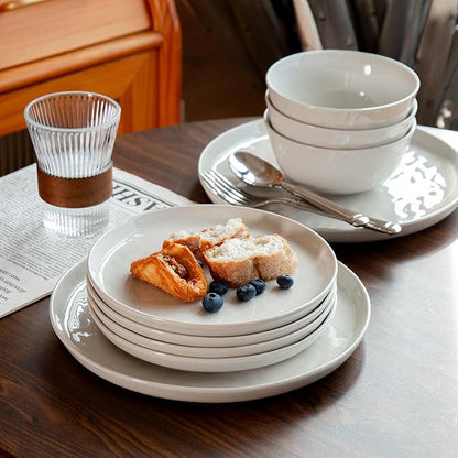 Ceramic Water Ripple Tableware Sets for 4, 12 Pieces Stoneware Plates and Bowls Sets, Reactive Glaze Dishes -Scratch Resistant, Dishwasher&Microwave Safe (Milky White)