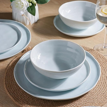 LERATIO Ceramic Dinnerware Sets for 6,Porcelain Plates and Bowls Sets with Wavy Edge,Microwave & Dishwasher & Oven Safe,Light Weight & Scratch Resistant Dishes Sets-Light Blue(18pcs)