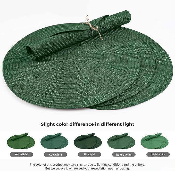 FunWheat Round Braided Placemats Set of 6 Place mats for Dining Tables Woven Heat Resistant Table Mats 15 inch (Dark Green)