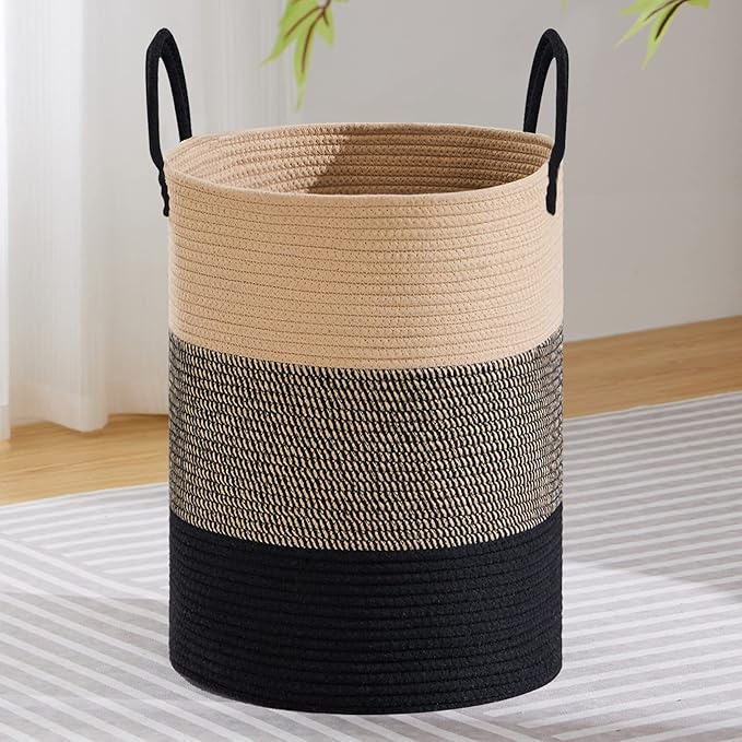 VIPOSCO Large Laundry Hamper, Tall Woven Rope Storage Basket for Blanket, Toys, Dirty Clothes in Living Room, Bathroom, Bedroom - 100L Brown & Black