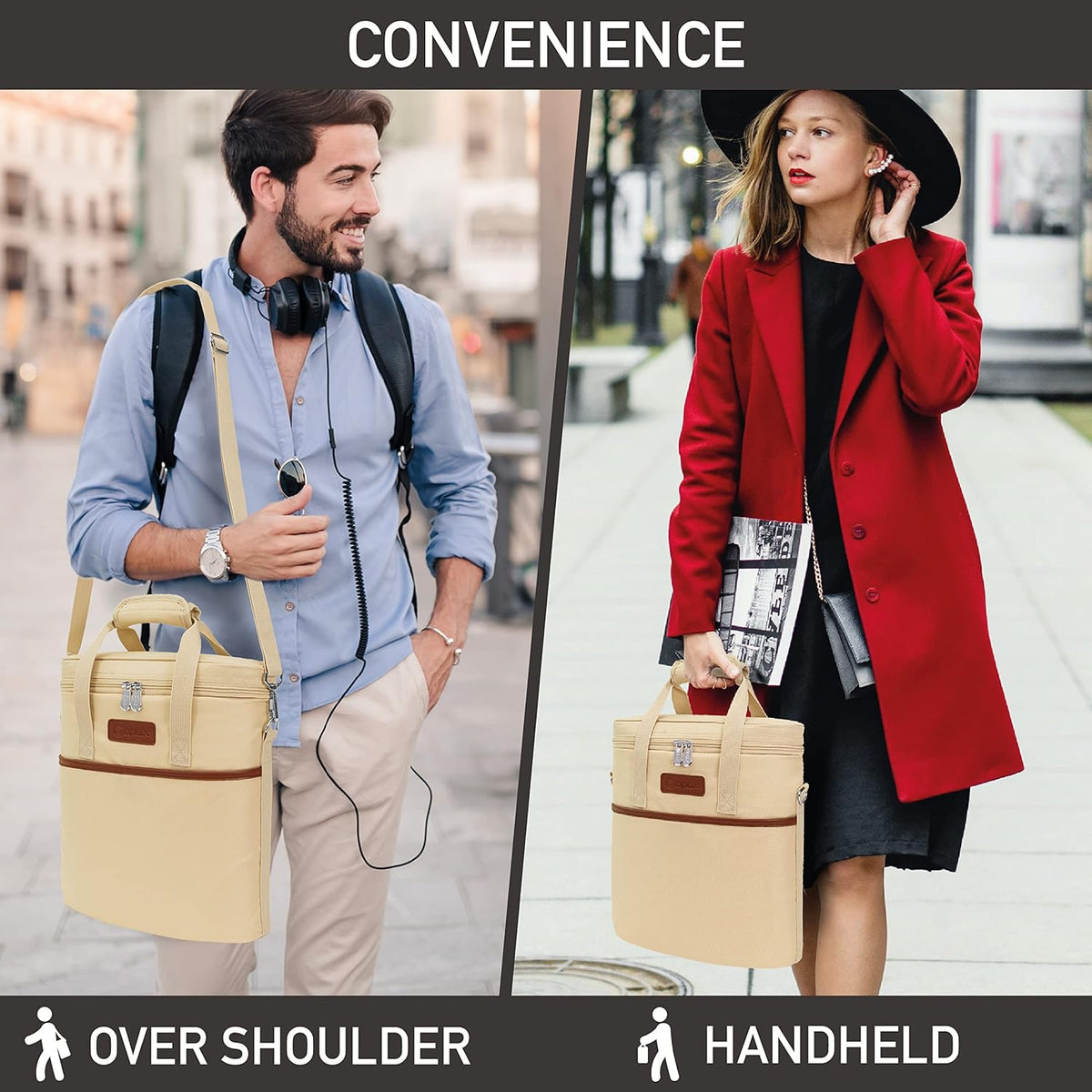 OPUX 3 Bottle Wine Carrier Tote, Insulated Leakproof Wine Cooler Bag, Wine Travel Bag Tote for Picnic Beach, Portable Wine Bottle Carrying Case, Gift for Wine Lover Women Men Christmas, Beige Cream