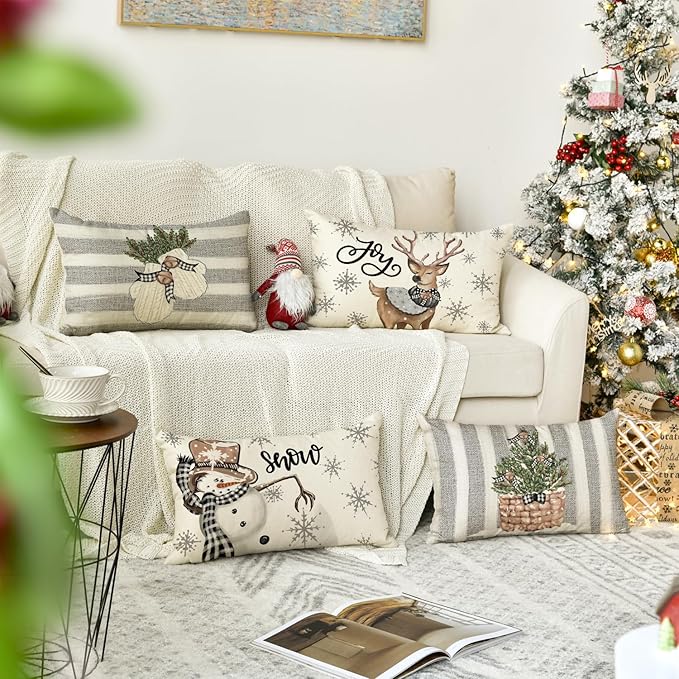 AVOIN colorlife Christmas Snowman Reindeer Gloves Eucalyptus Throw Pillow Covers, 12 x 20 Inch Winter Holiday Stripes Cushion Case Decoration for Sofa Couch Set of 4