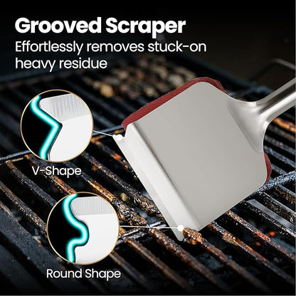 2-in-1 Stainless Steel Grill Brush Cleaning Kit, Grilling Accessories, Interchangeable BBQ Brush & Griddle Scraper with Fire-Resistant Cleaning Sponge, Dishwasher Safe Grill Cleaner, BBQ Accessories
