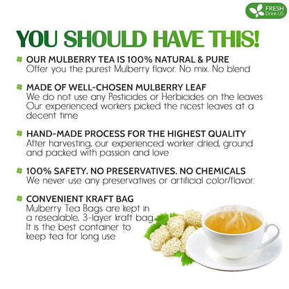 FreshDrinkUS, Premium 75 Mulberry Leaf Tea Bags, 100% Natural & Pure from Mulberry Leaves. Loose Leaf Herbal Tea. Made with Natural Material Tea Bags. No Sugar, No Caffeine, No Gluten, Vegan.