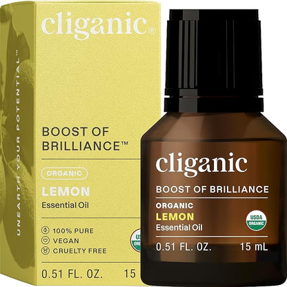 Cliganic Organic Pure Lemon Essential Oil 0.51 Fl Oz – 100% Natural Aromatherapy for Diffuser, Massage, Cleaning & Relaxation – Fresh Citrus Scent, Energizing & Uplifting Oil