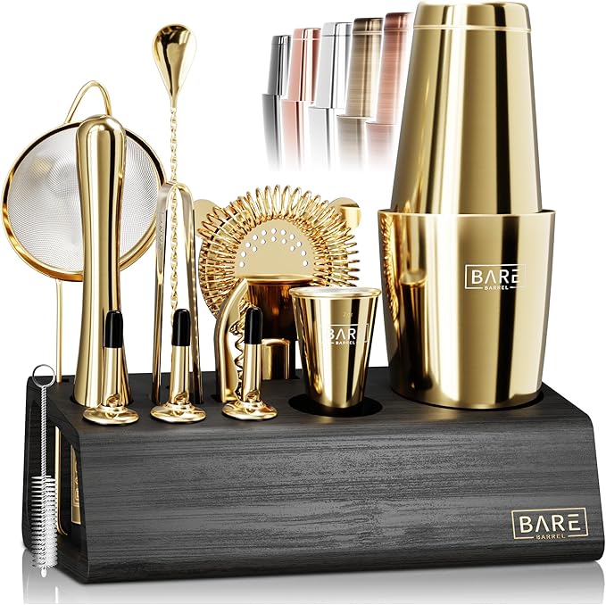 BARE BARREL® Mixology Bartender Kit Bar Set | 14-Piece Cocktail Shaker Set | Martini Barware Mixing Tools for Home Bartending | Incl. 35 Recipe Cards | Gift Set (28oz Boston Shaker, Gold/Black)