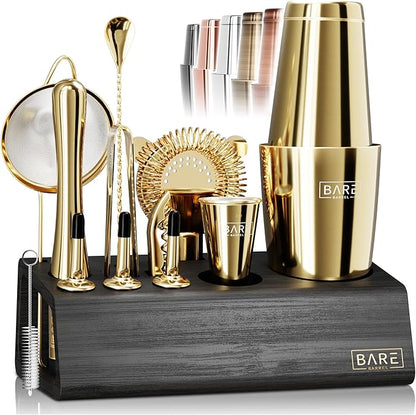 BARE BARREL® Mixology Bartender Kit Bar Set | 14-Piece Cocktail Shaker Set | Martini Barware Mixing Tools for Home Bartending | Incl. 35 Recipe Cards | Gift Set (28oz Boston Shaker, Gold/Black)