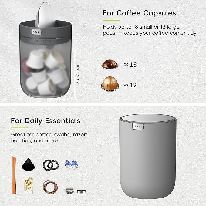 EKO Fandy 0.58 Gal/2.2L Mini Trash Can with Lid, Swing-Top Desktop Trash Can for Bathroom, Countertop, Vanity, Desk or Office, Small Garbage Bin (Grey)