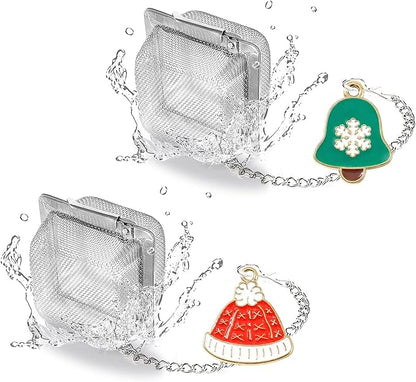 Christmas Themed Tea Infuser Set, 2 PCS Cubic Tea Strainers for Loose Leaf Tea, Reusable Stainless Steel Mesh Tea Ball, Tea Steeper with Red Hat and Green Bell Pendant