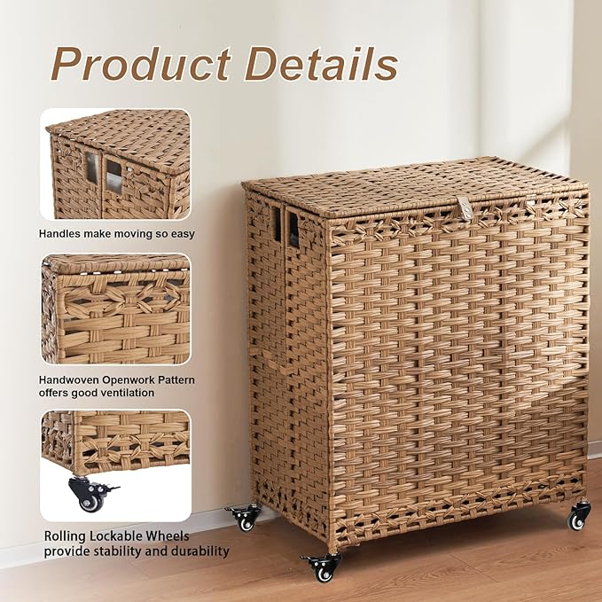Laundry Hamper with Wheels&Lid, 50.2 Gallons(190L) Rolling Laundry Basket with Wheels, 3-Section Laundry Hamper, Handwoven Rattan Clothes Hamper with 6 Removable Liner& 3 Mesh Laundry Bags, Natural
