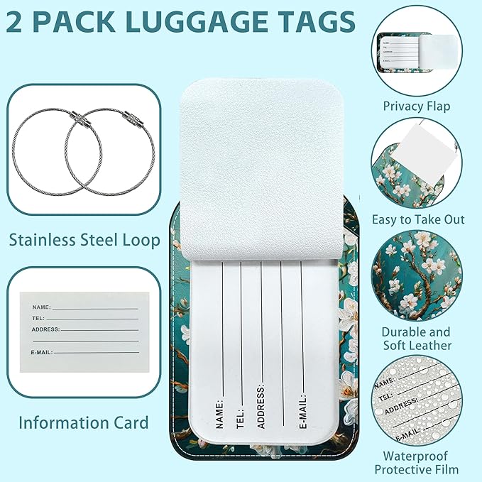 Blossoming Almond Tree Luggage Tag for Suitcase Set of 2 PU Leather Cute Luggage Tags with Stainless Metal Loop ID Label Privacy Flap Suitcase Tags for Women and Men Travel