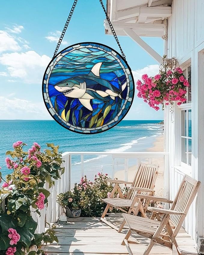 Stained Glass Suncatcher, Blue Ocean Big Shark Sun Catcher Waterweed Stain Glass Window Hanging Decoration Mother's Day Birthday Gifts for Women Men Mom Nana 9.8 in