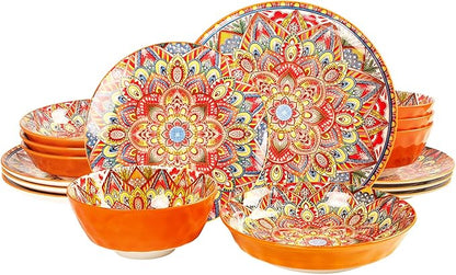 Mandala Dinnerware Sets (16 PCS) Serves for 4, Buffet Dinnerware, Boho Plates and Bowls Set with 8.3" salad Plate 8.6"/10.6"dinner Plate 6.4" bowl, apply Indoor Outdoor Dining