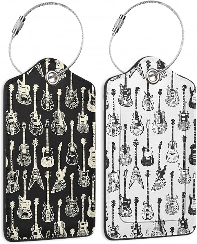 2 Pack Leather Luggage Tag for Suitcase Music Guitar Unique Travel Tags with Privacy Cover ID Label & Stainless Steel Loop for Men and Women Baggage
