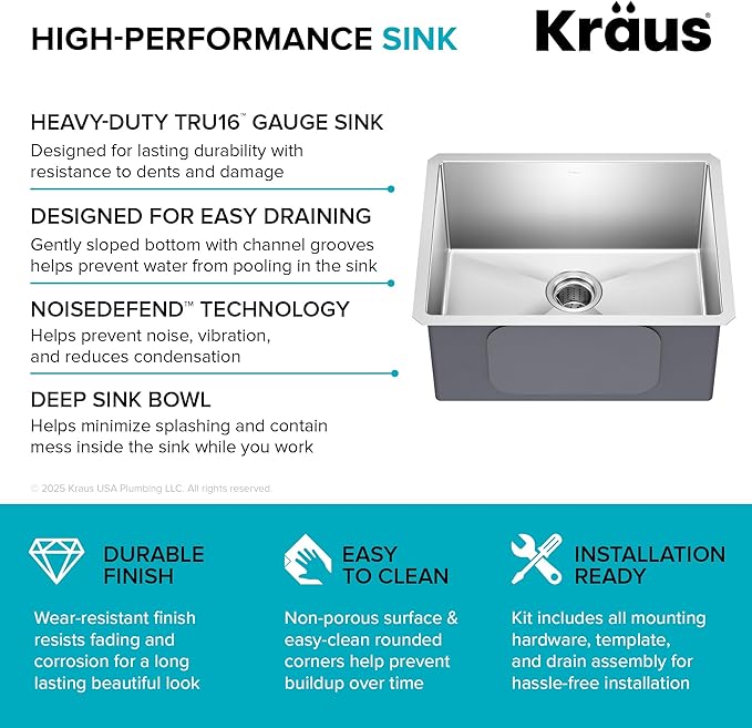 KRAUS Standard PRO 23-Inch 16 Gauge Undermount Single Bowl Stainless Steel Kitchen Sink, KHU101-23