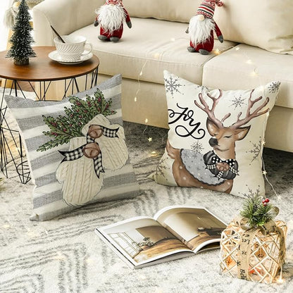 AVOIN colorlife Christmas Snowman Reindeer Gloves Eucalyptus Throw Pillow Covers, 16 x 16 Inch Winter Holiday Stripes Cushion Case Decoration for Sofa Couch Set of 4