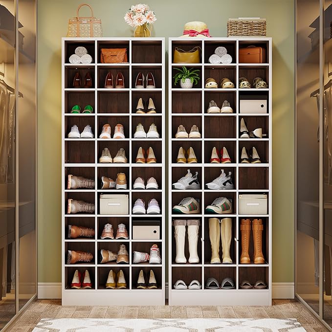 Tribesigns 10-Tier Shoe Storage Cabinet, White and Brown Wooden Shoe Rack with 30 Cubbies, Freestanding Tall Entryway Shoe Organizer for Closet, Entryway, Living Room
