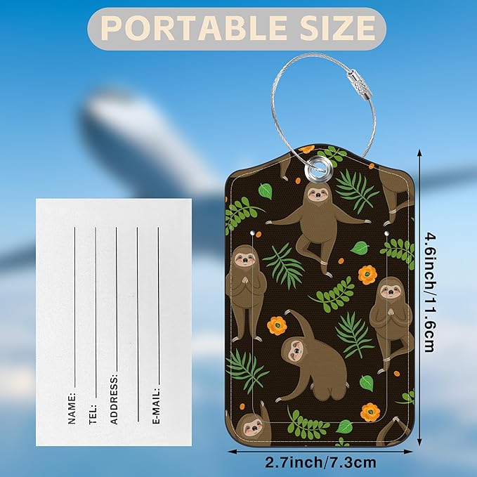 2 Pack Yoga Luggage Tags for Suitcases Funny Sloths Leather Luggage Tags Privacy Cover ID Label with Stainless Steel Loop and Address Card for Women Men Travel Bag Backpack