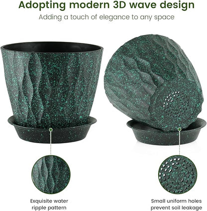 7 inch Plant Pots for Indoor Outdoor Plants, 5 Pack Thick Flower Pots with Drainage Holes and Saucers, 3D Modern Wave Texture Plastic Planter Nursery Pots, Black with Green Speckles