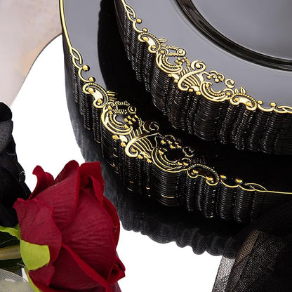 210 Pcs Black Gold Plates for Graduation | Black Party Plates Set for 30 Guests