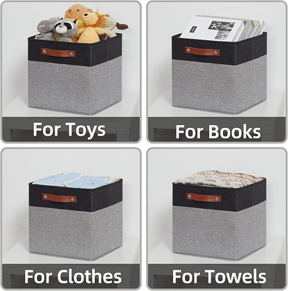 HNZIGE Cube Storage Baskets,Fabric Storage Cubes 12 x 12, Set of 4,Decorative Storage Baskets for Organizing with Handles,Closet Bins for Shelf Organizer Home Toy Nursery Closet(Black Gray)